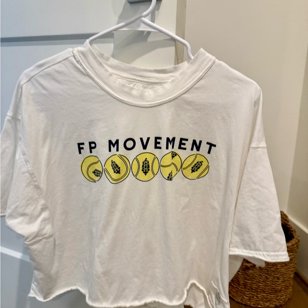 FP Movement by Free People White Short Sleeve Graphic Tee with Yellow Accents